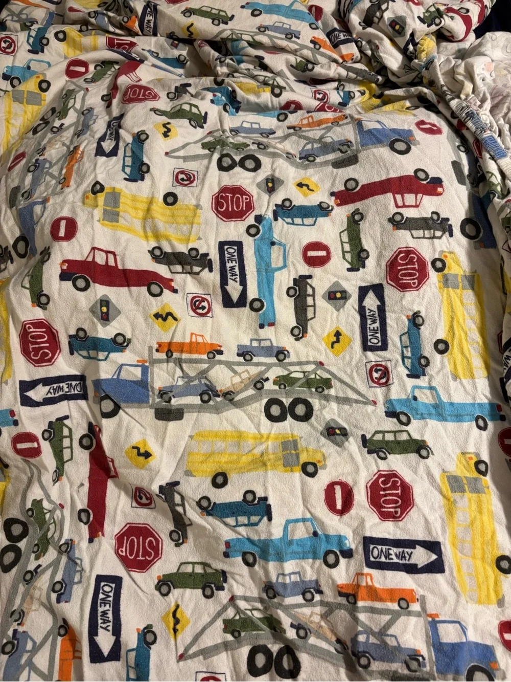 Pottery Barn Kids Cream Sheet with Multicolor Vehicle & Road Sign Pattern